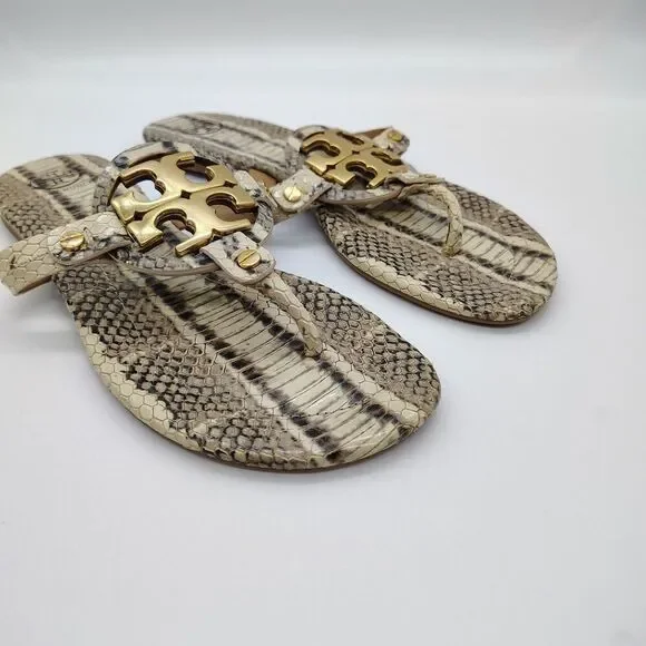 Tory Burch Miller Thong Sandals Womens 7 Snakeskin Print Gold Logo Flip Flops - Picture 5 of 8